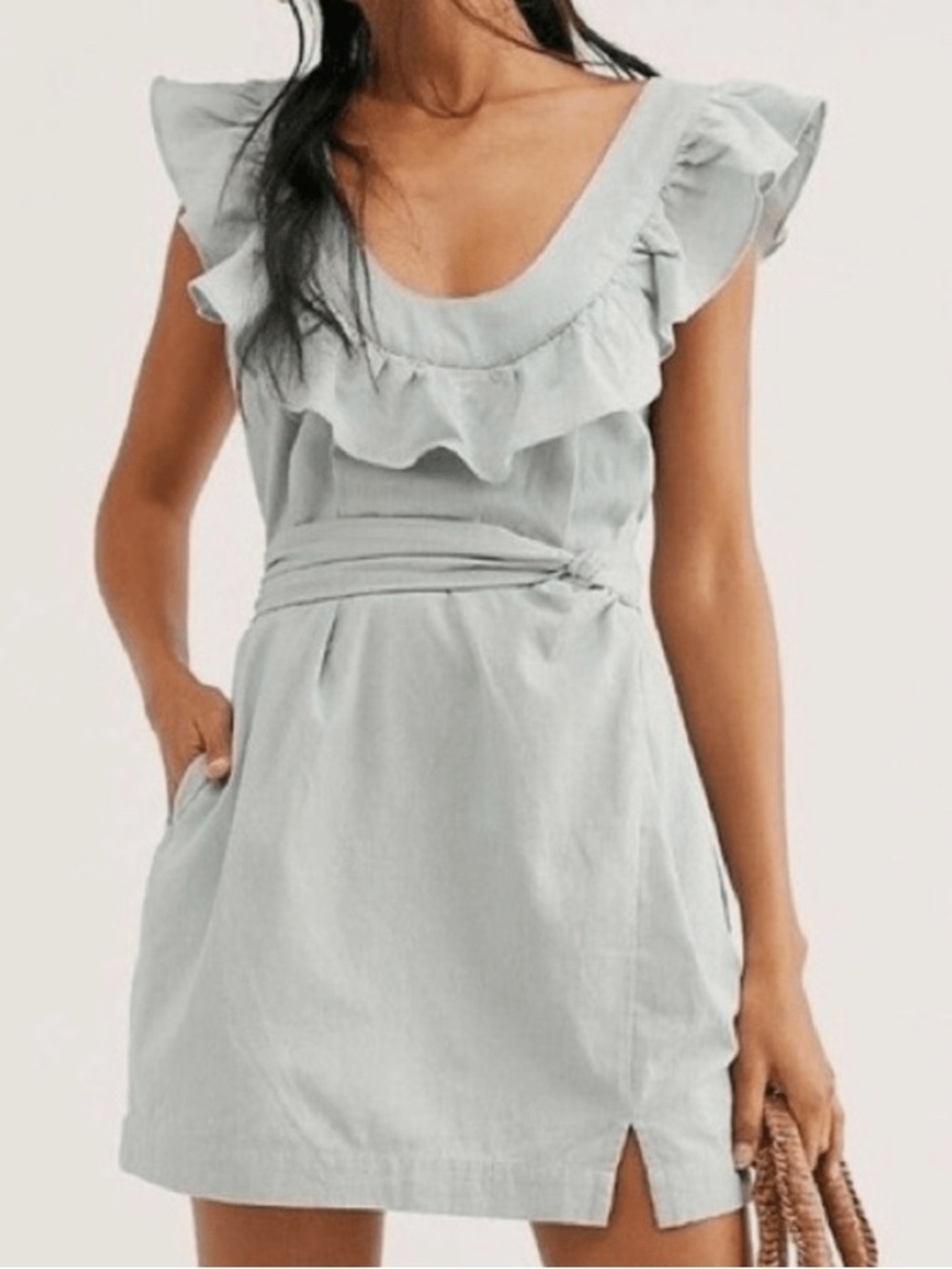 Free People Light Gray Ruffle-Strap Cross-Back Mini Dress with Bow size M
